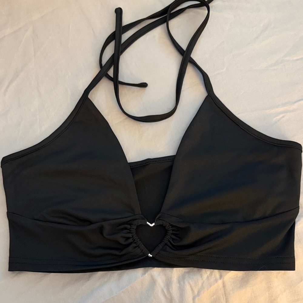 Black Halter Bikini Top with silver Heart size XS brand new NWOT